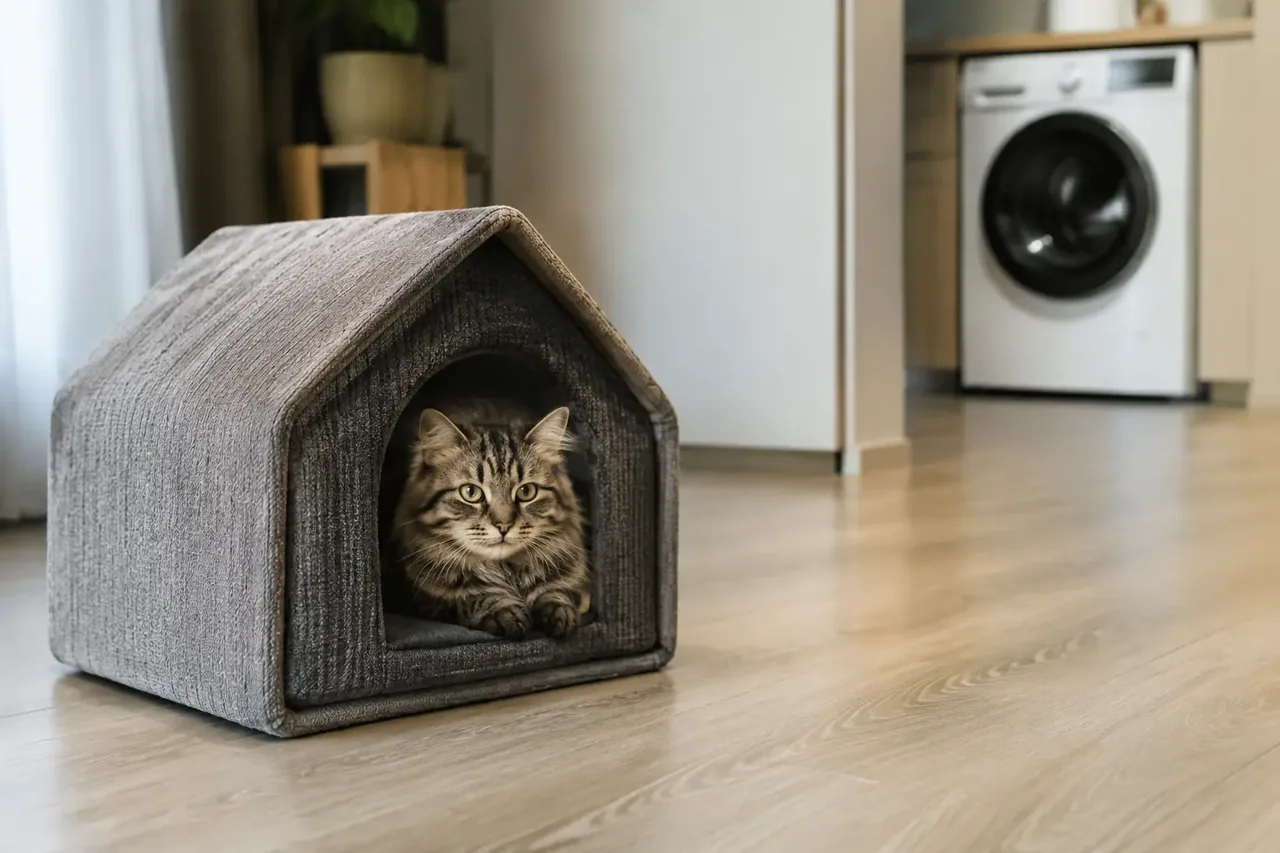 Взрослая кошка лежит в домике далеко от закрытой стиральной машины; спокойная безопасная бытовая сцена без принуждения.