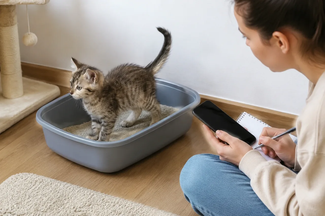 Естественная домашняя сцена с котёнком, наглядно раскрывающая тему «Лоток как дневник самочувствия котёнка: что замечать каждый день».