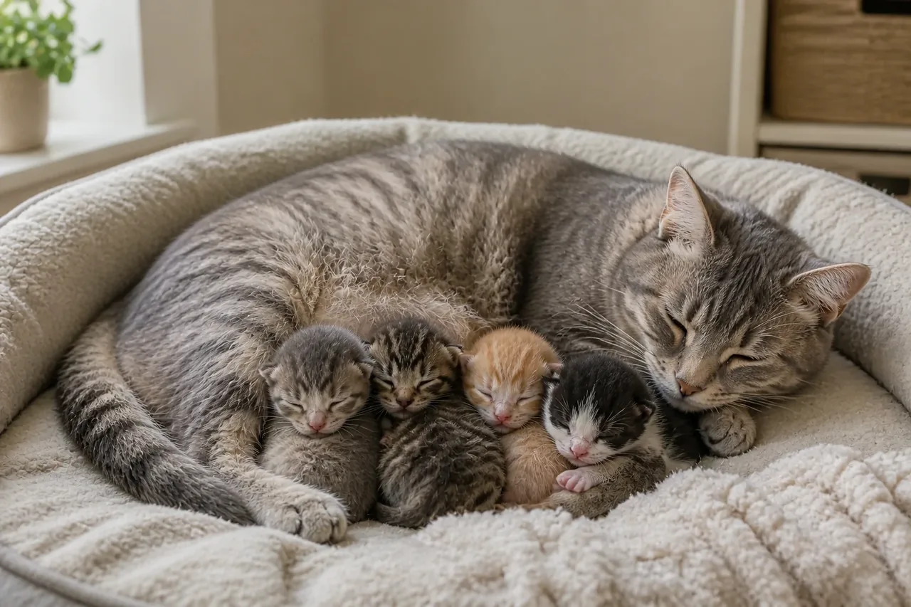 Кошка свернулась вокруг четырёх двухнедельных котят, которые спят вместе в тёплой низкой лежанке.