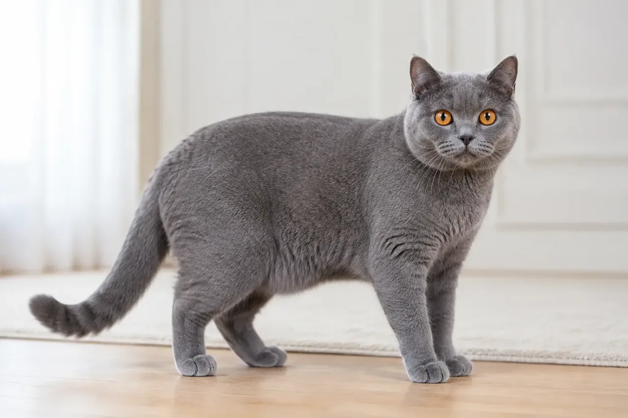 Голубая короткошёрстная шотландская прямоухая кошка с круглой головой, янтарными глазами и стоячими ушами стоит в полный рост в светлой комнате