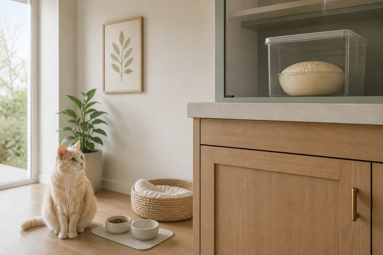 Кошка на кухне рядом с закрытым контейнером, в котором стоит миска с поднявшимся тестом.
