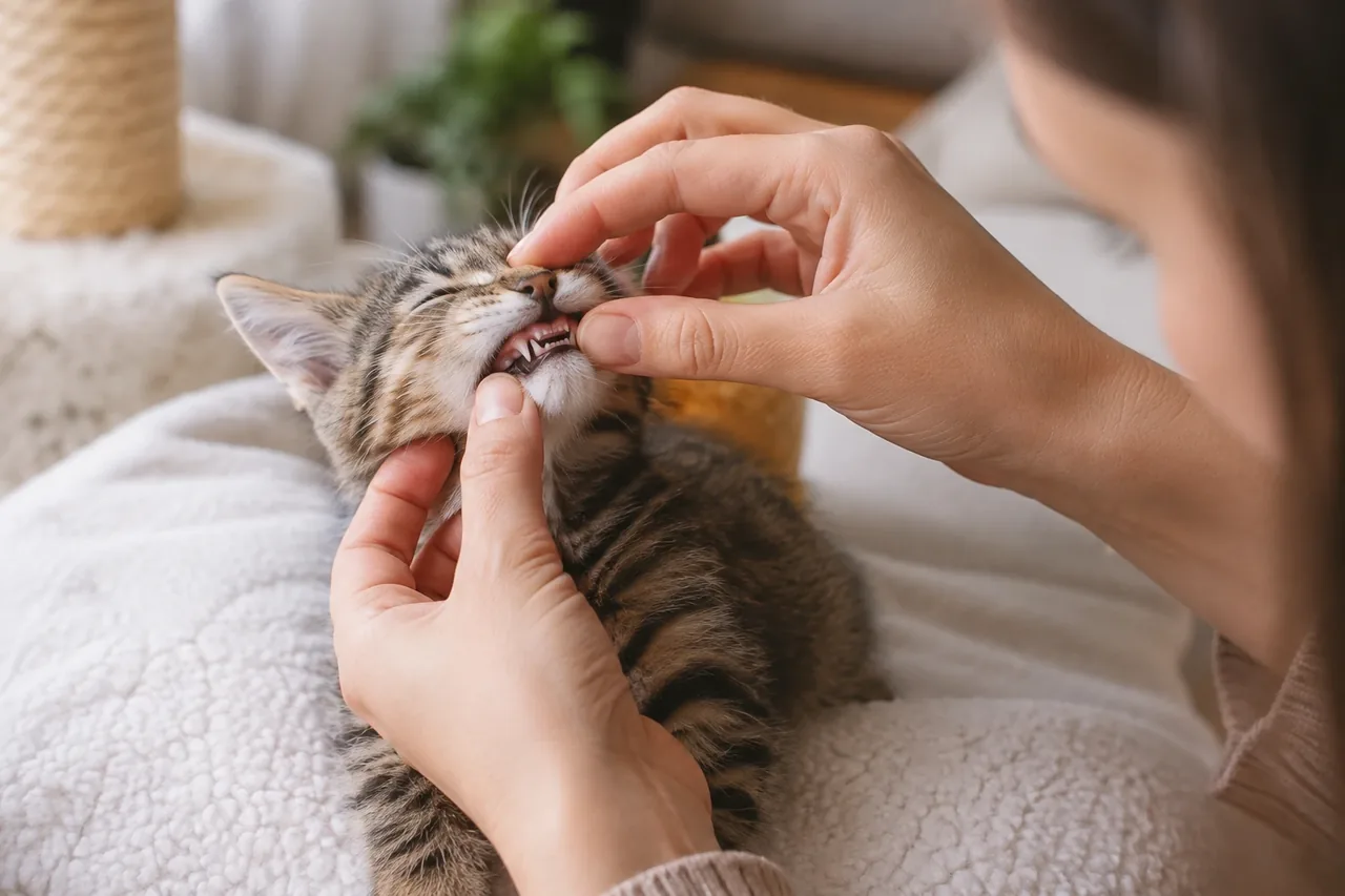 Пятимесячный котёнок спокойно грызёт большую тканевую игрушку рядом с хозяйкой.