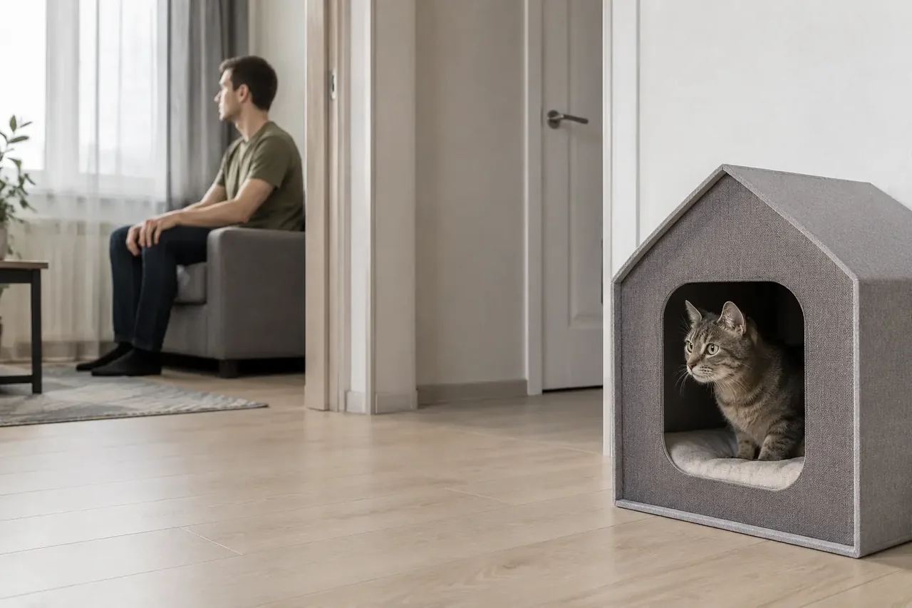 Кошка наблюдает из открытого укрытия за мужчиной, который сидит боком далеко и держит руки на коленях.