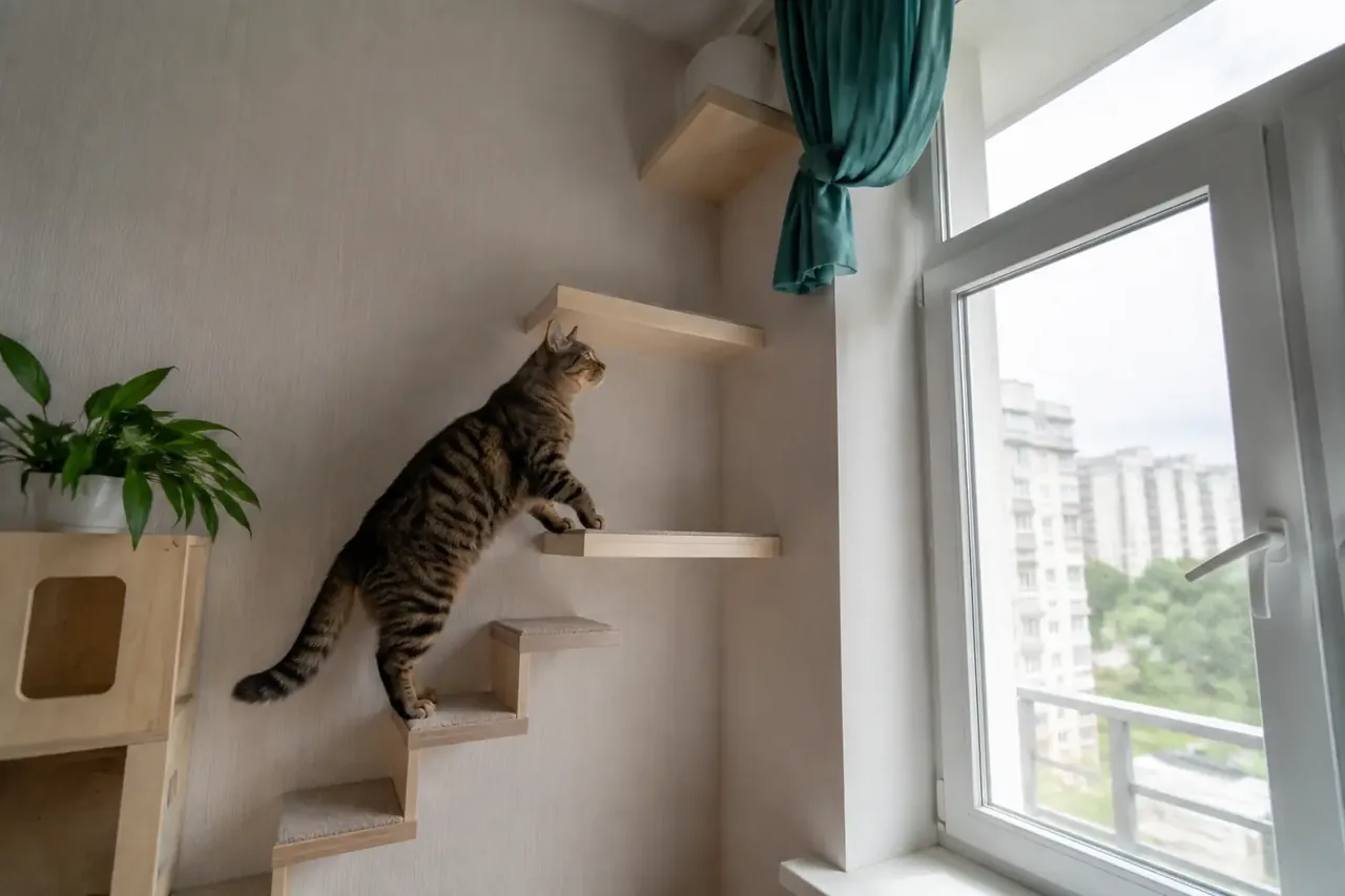 Кошка поднимается по устойчивому настенному маршруту рядом с окном, а шторы закреплены вне доступа.