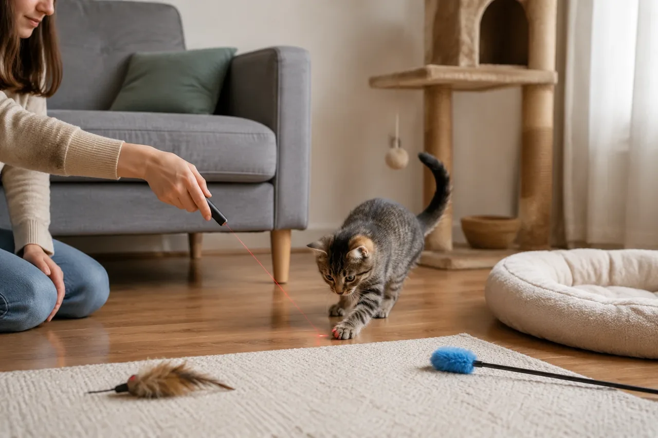 Котёнок ловит мягкую игрушку после короткой игры лазерной точкой на свободном полу