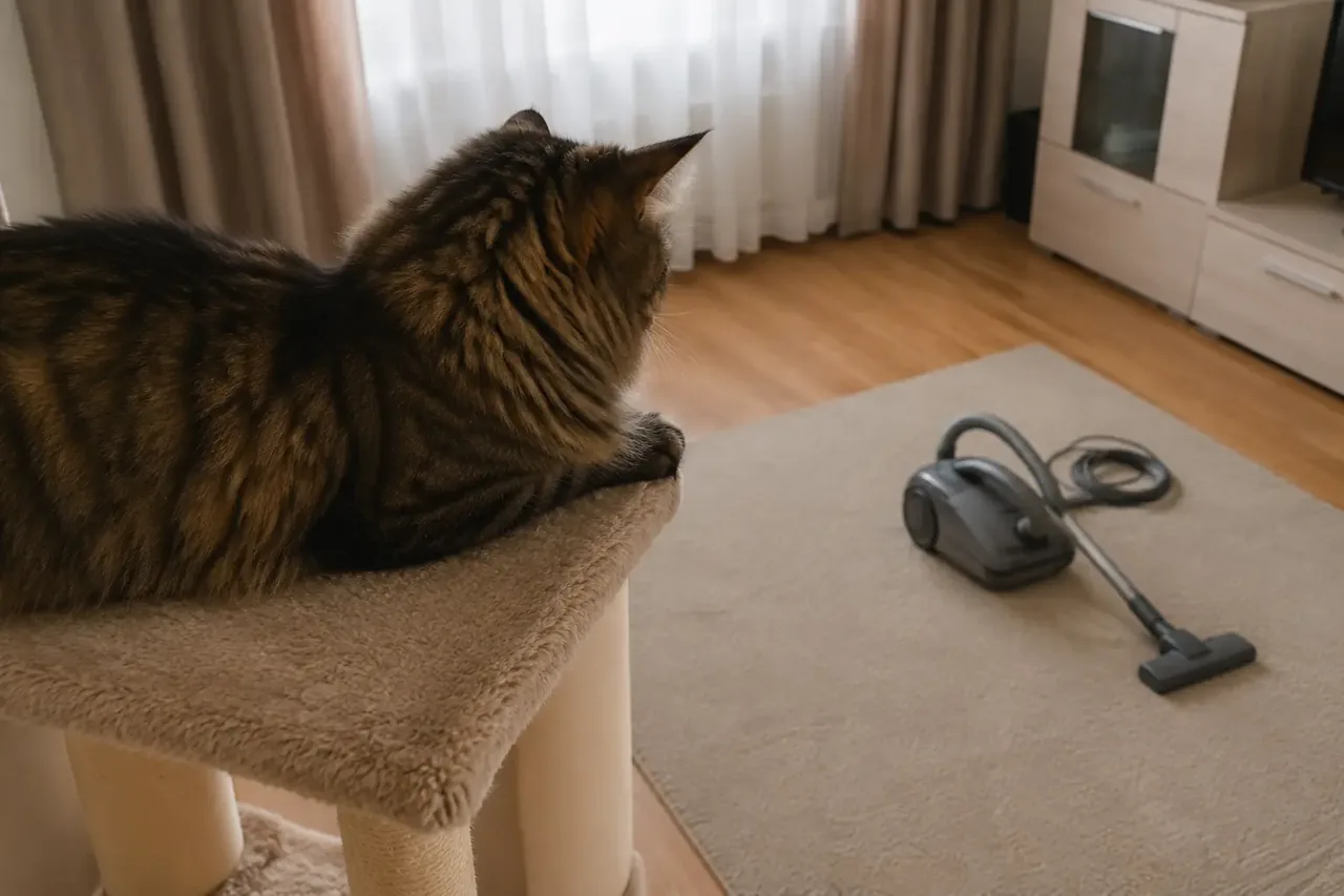 Кошка спокойно наблюдает из высокого укрытия за выключенным пылесосом в дальней части комнаты.