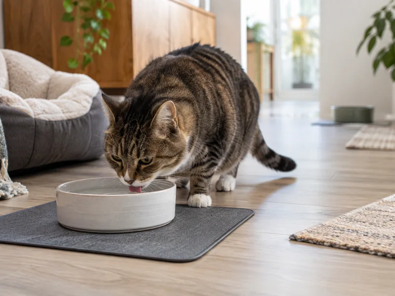 Пожилая кошка пьёт из устойчивой миски на доступном уровне