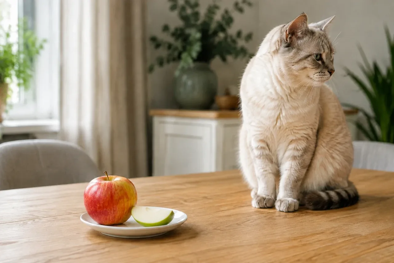 Кошка рядом с тарелкой, на которой лежат целое яблоко и ломтик мякоти.