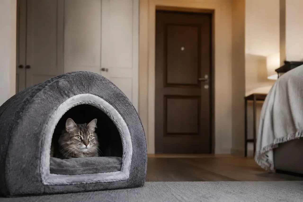 Кошка спокойно находится в открытом укрытии дальней комнаты, пока входная дверь закрыта.