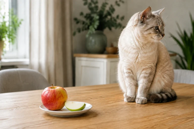 Кошка рядом с тарелкой, на которой лежат целое яблоко и ломтик мякоти.