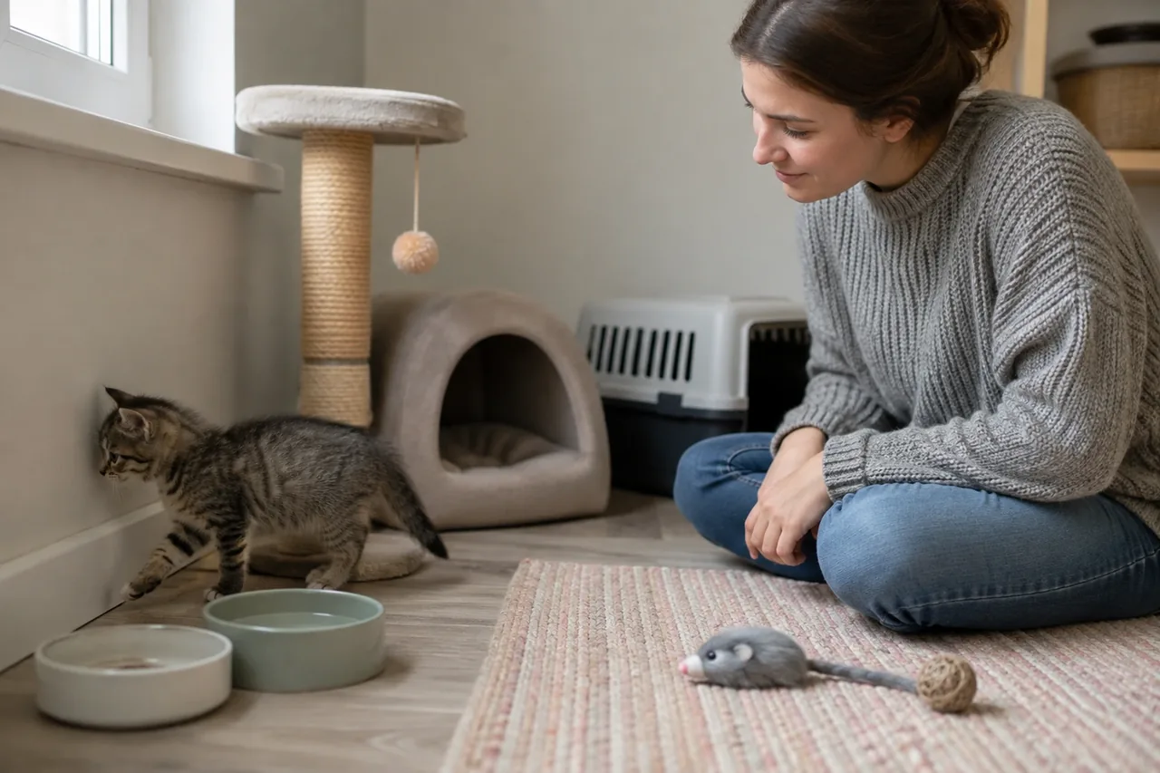 Котёнок тянется у когтеточки, пока хозяйка наблюдает, а новый человек спокойно ждёт за дверью.