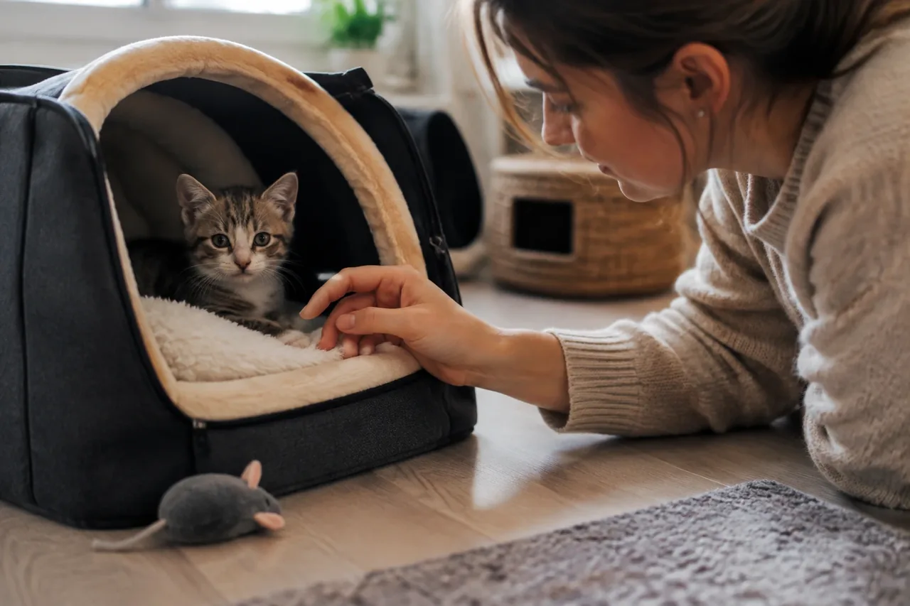 Котёнок остаётся рядом с кошкой и однопомётниками, пока взрослые передают знакомый плед.