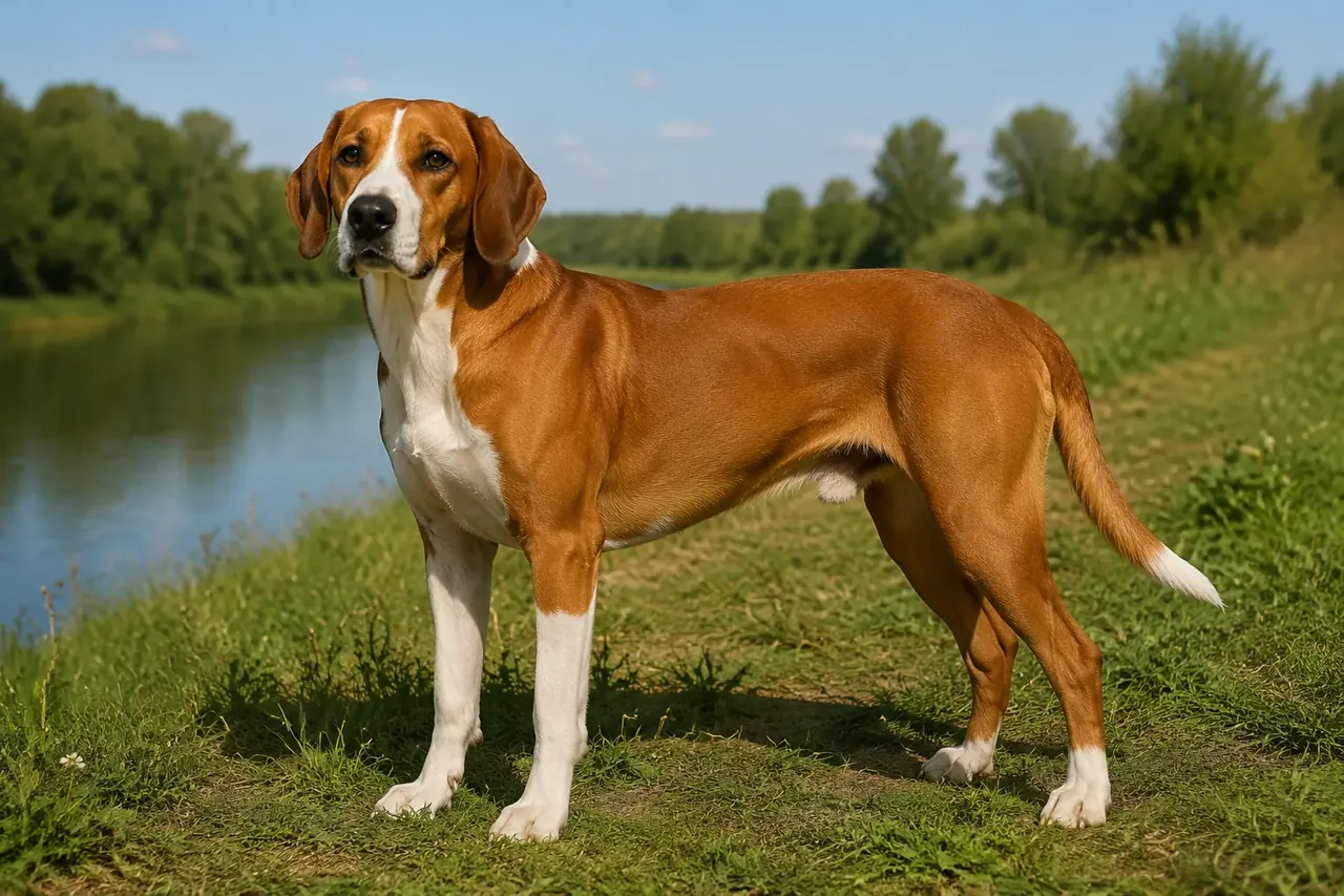 Рыжевато-пшеничная посавская гончая с белыми отметинами стоит в полный рост в долине