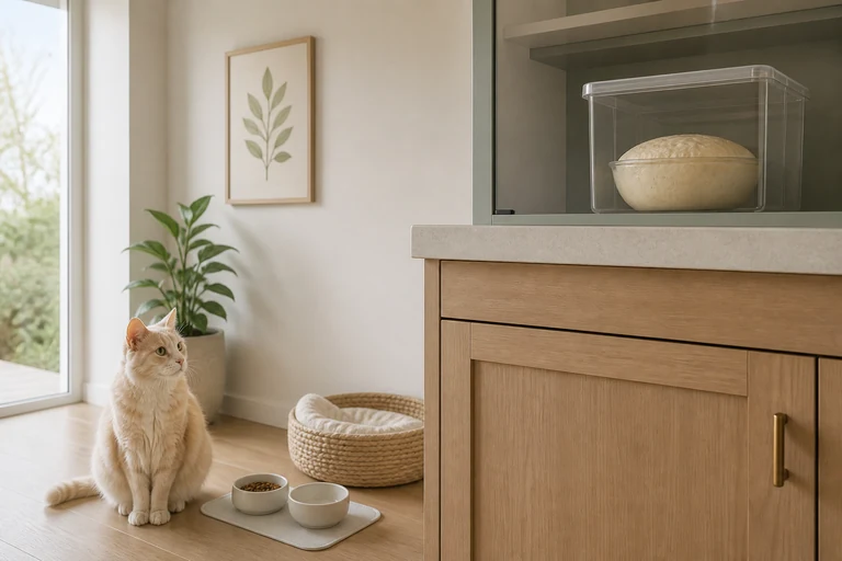 Кошка на кухне рядом с закрытым контейнером, в котором стоит миска с поднявшимся тестом.