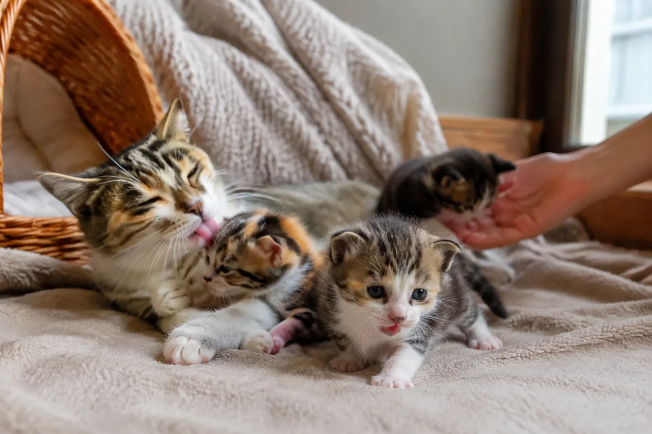 Кошка-мать отдыхает рядом с четырьмя пятинедельными котятами, которые исследуют комнату и игрушку.