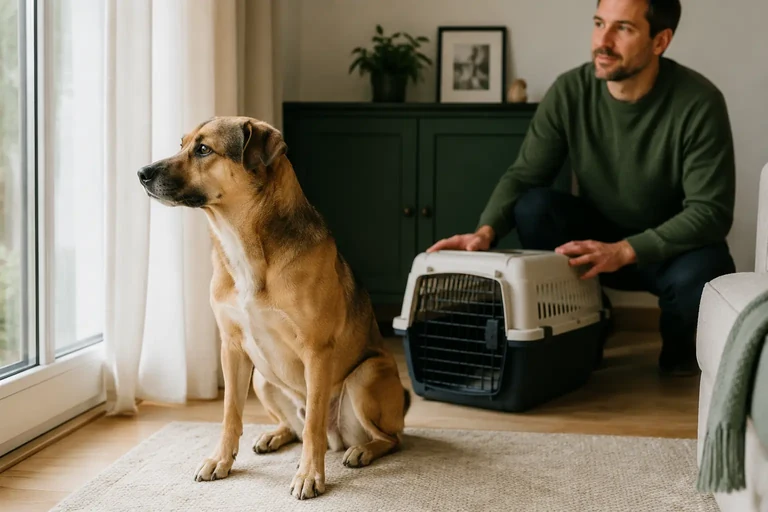 Собака спокойно сидит у окна рядом с подготовленной переноской