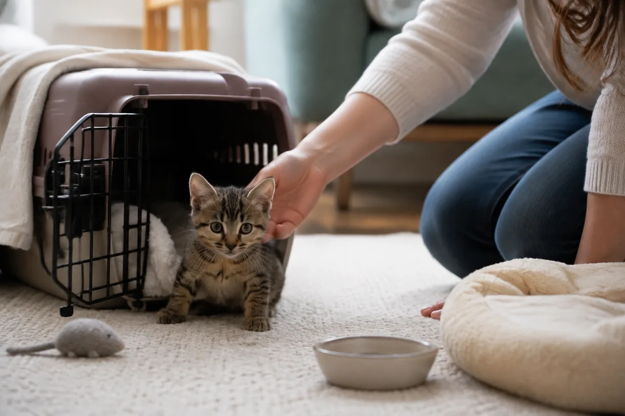 Котёнок отдыхает на знакомом пледе, пока новая хозяйка устраивает его привычную лежанку.