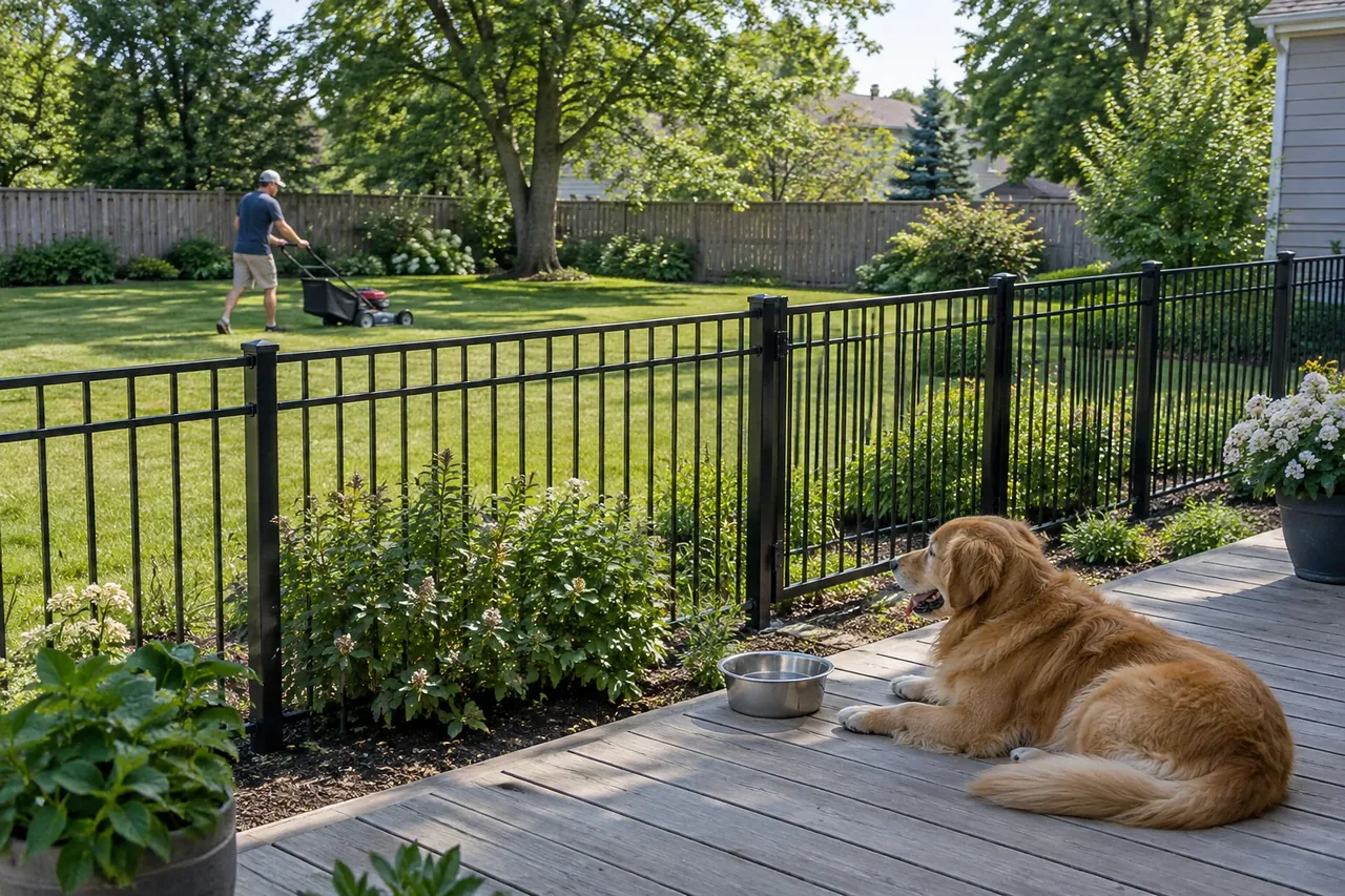 Собака отделена от участка, где работает газонокосилка