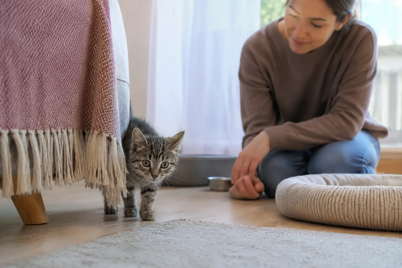 Котёнок изучает укрытие в отдельной комнате, а хозяйка и ветеринарный специалист не приближаются.