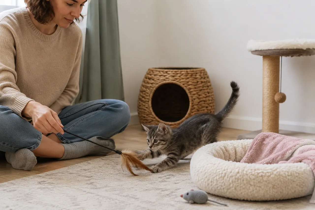 Котёнок удерживает мягкую игрушку и успокаивается на пледе после совместной игры