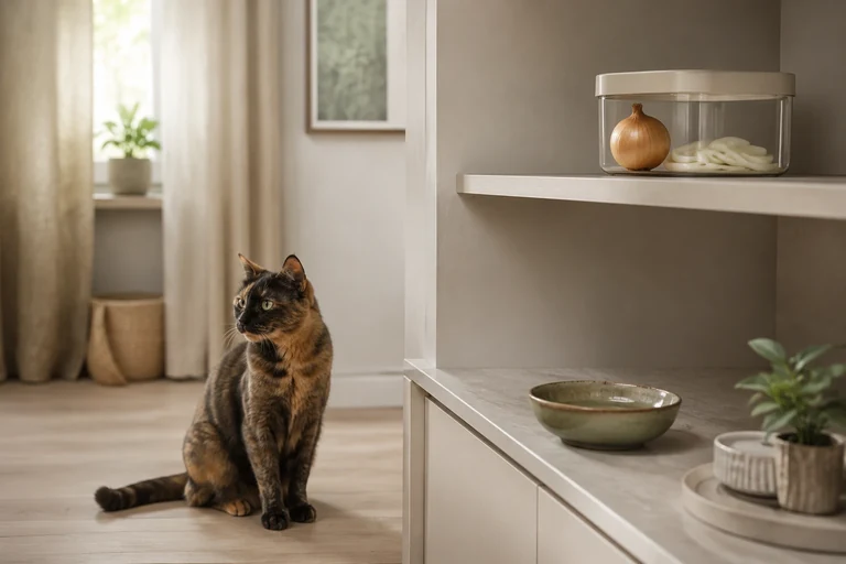 Кошка возле полки с закрытым контейнером, в котором лежат луковица и луковые кольца.