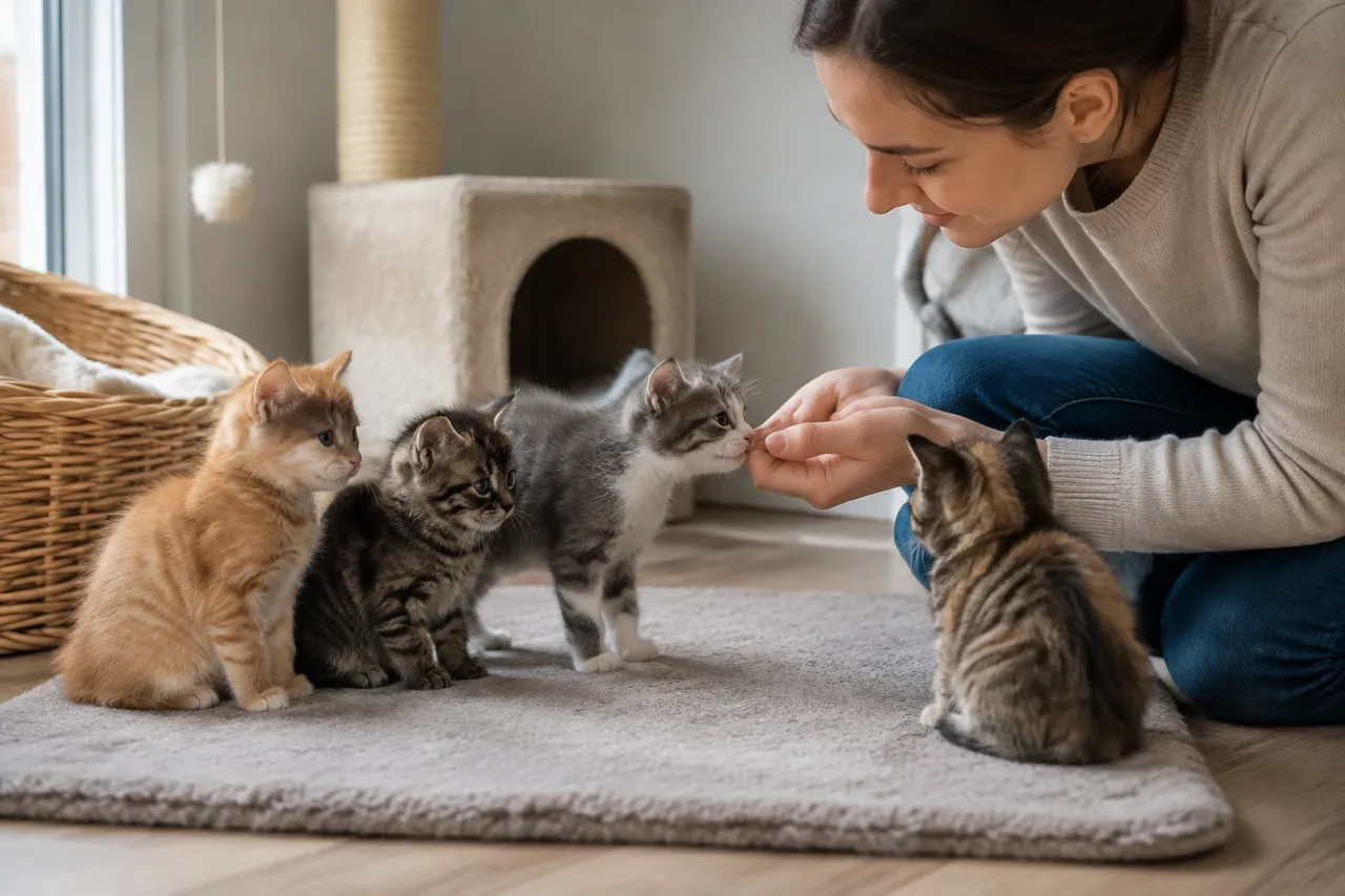 Котёнок исследует открытую переноску рядом с кошкой-матерью, однопомётниками и будущей хозяйкой.