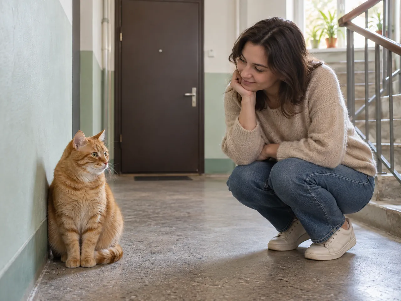 Человек наблюдает за кошкой в подъезде